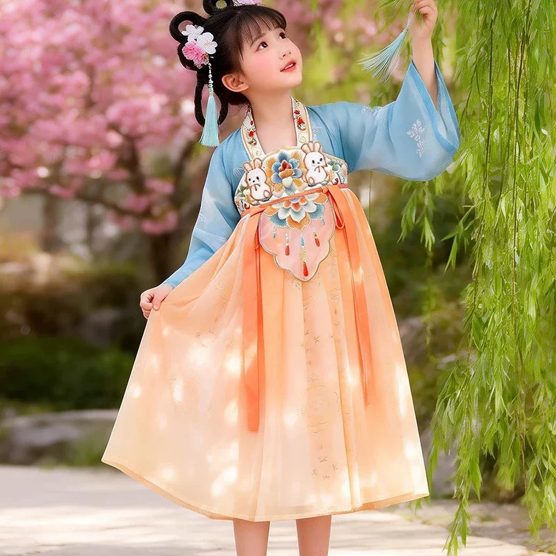 Girls Traditional Chinese Hanfu Dress Kids Rabbit Embroidery Tang Suit Ancient Costume for Cosplay Party 3-12Y 2026 Summer