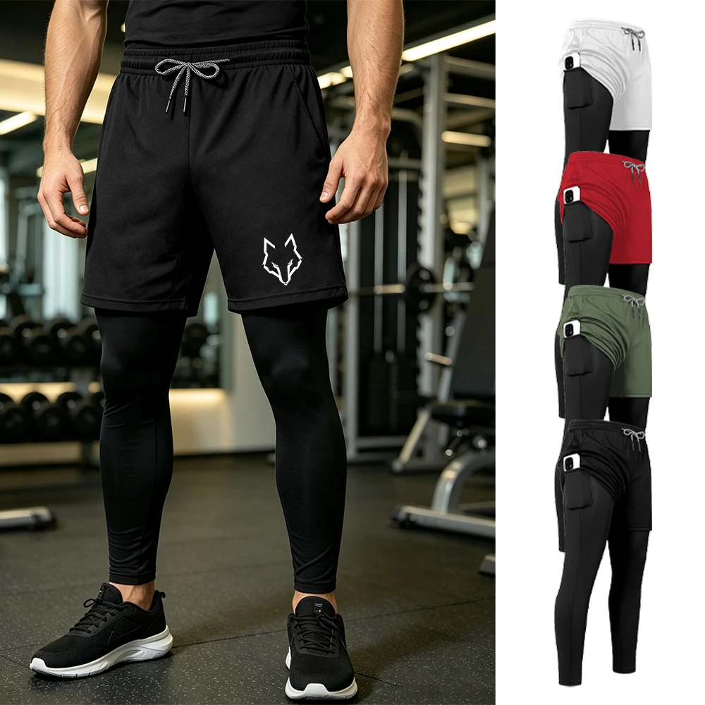 Men's 2 In 1 Simple Wolf Head Print Quick Dry Sports Trousers For Daily Basketball Training And Fitness With Inner Phone Pocket