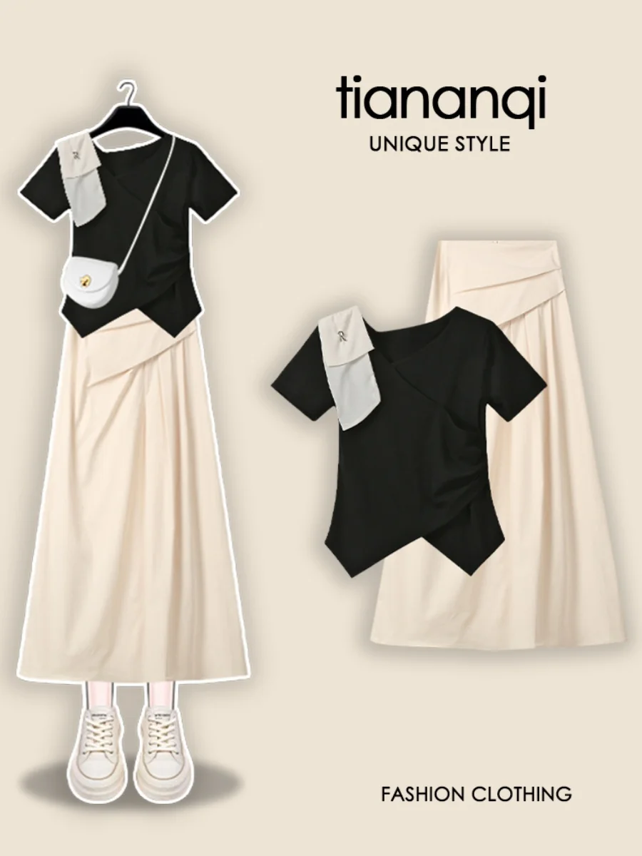 

Ele Oversized Cotton Linen Texture irt Asymmetrical oulder ort Sve Pleated Slimming Simple f-length Skirt