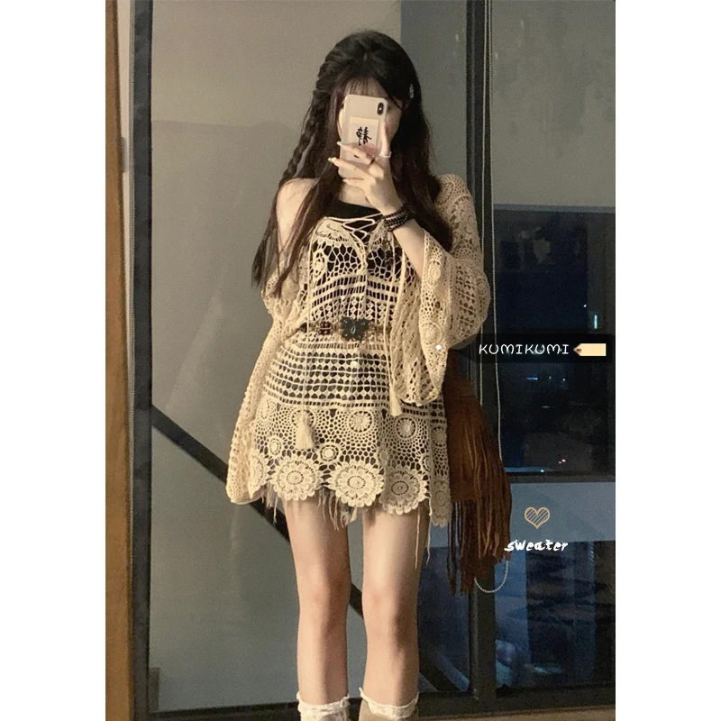 Bohemian Style Lace Hollow out Summer Thin Knitted Sun Protection Outerwear Women's Top V-Neck Long Sleeve Loose Fit Knitwear