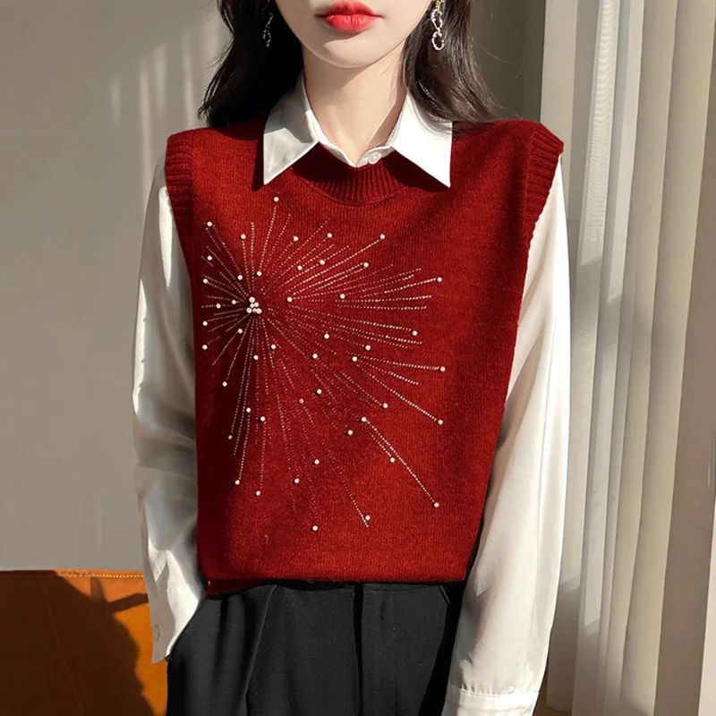 New Spring Autumn Round Neck Sleeveless Knit Vest - Solid Color Beaded Design Versatile Loose Fit Base Layer