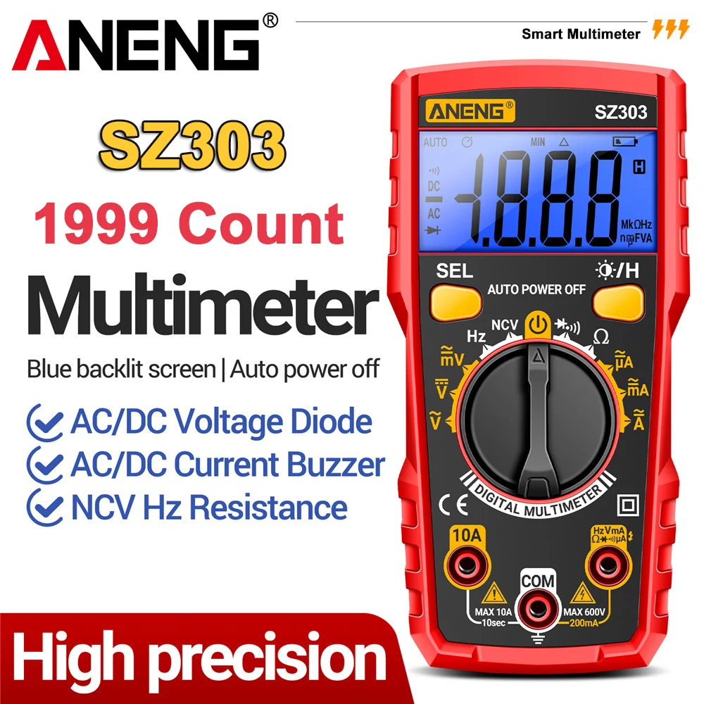 

ANENG SZ303 Smart Multimeter Digital Professional 1999 Count AC Voltage Tester 600V Voltmeter NCV Resistance Hz Diode Ohm Test