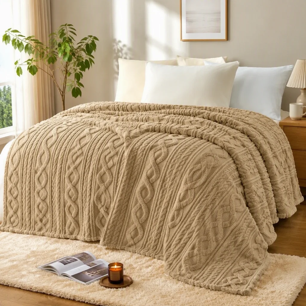 Modern Classic Cable Knit Embossed Faux Fur Throw Blanket, Ultra Soft Cut Pile Plush for Couch, Bed, Sofa & Office, Washable