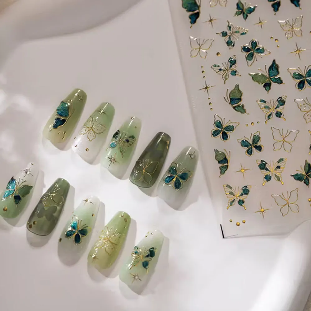 1 unidad de pegatinas para decoración de uñas con mariposa verde dorada bronceadora de gelatina, diseño de brillo con Flash 5D, adhesivo para decoración de uñas, accesorio de manicura