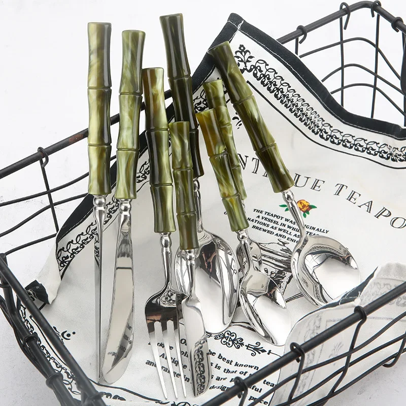 8pcs New Resin Cutlery Bamboo Style stainless steel 304 Classical Flatware Dinnerware Set Silver Blue Green Cream Drop Shipping