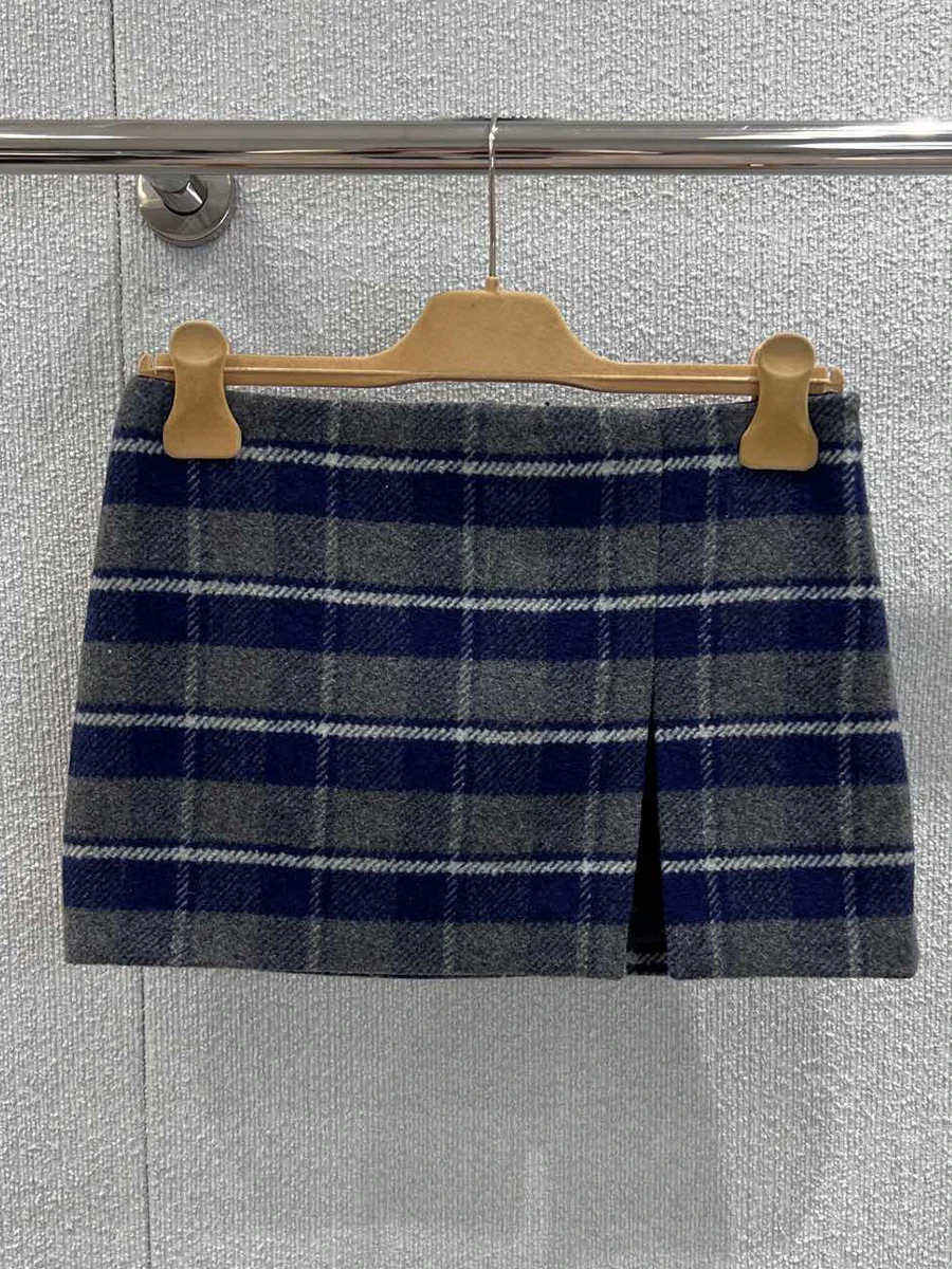 SDLR Anti-Aging Academy Miu Style Versatile Half-length Skirt A-Line Split Plaid Short Skirt Breathable Woolen Daily Wear