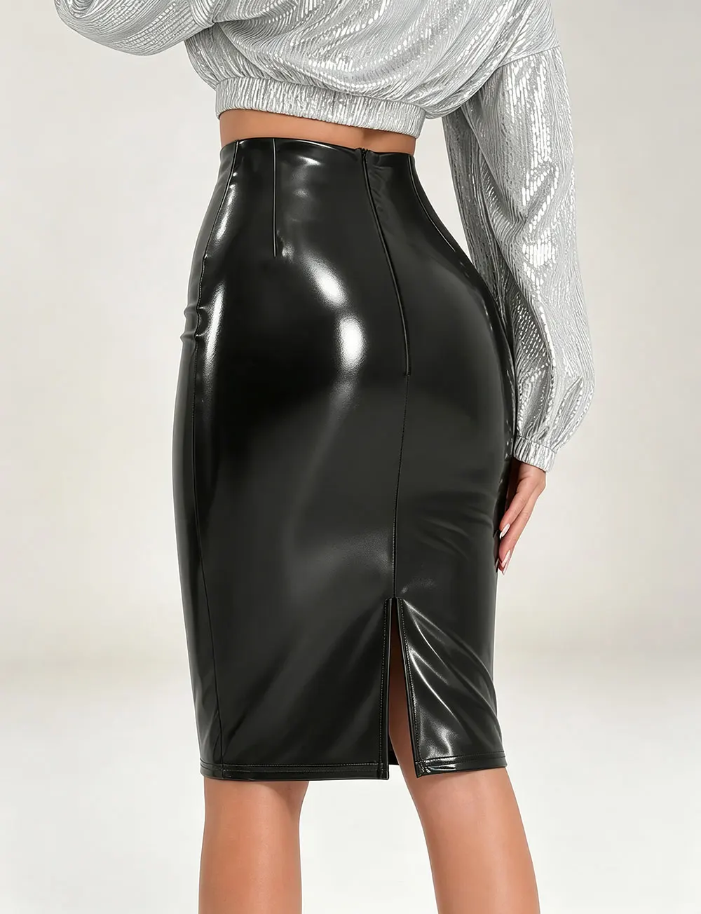 Women Black Glossy PU Faux Leather High Waist Bodycon Midi Pencil Skirt Slit Sexy Clubwear Party Evening Cocktail Chic New Hot