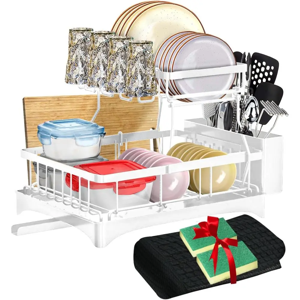 

2 Tier Dish Drying Rack with Drainboard – Rust Resistant Iron Kitchen Dish Rack with 270° Rotating Spout, Utensil & Plate Holder