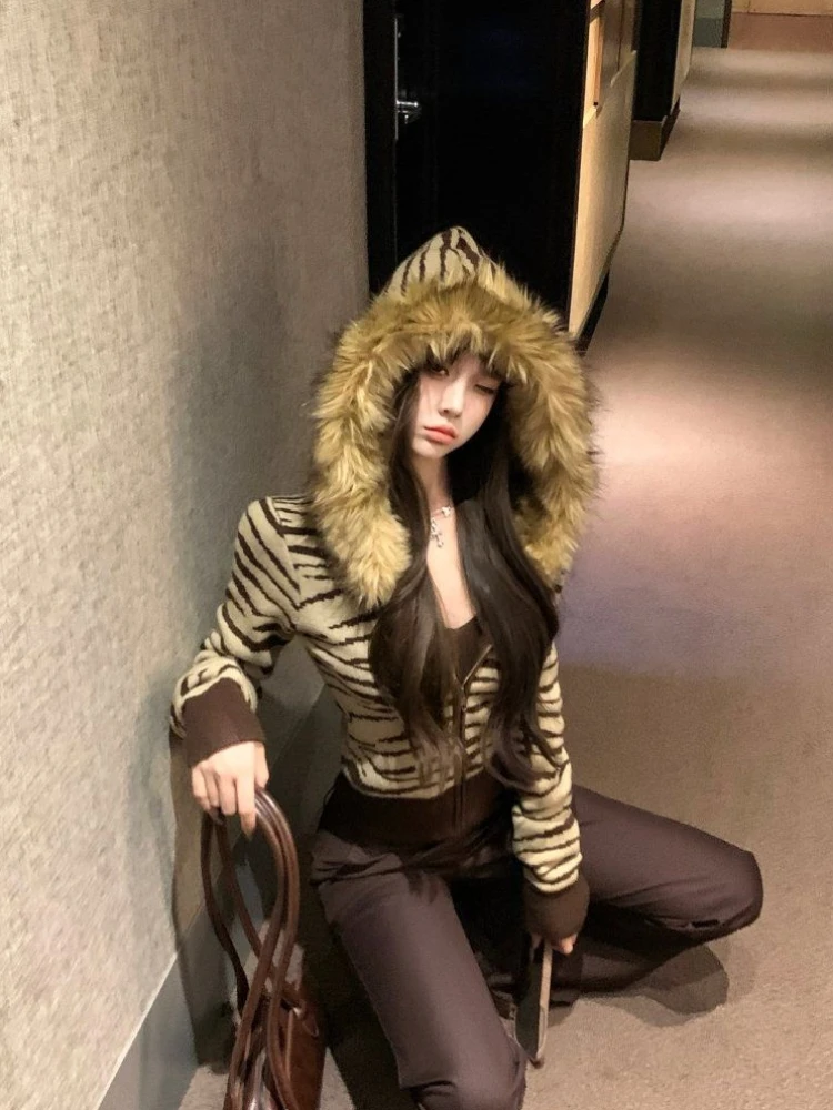 อเมริกันRetroลายขนสัตว์ผู้หญิงHoodedแขนยาวถักHoodedเสื้อกันหนาวฤดูใบไม้ร่วง/ฤดูหนาวY2K Slimซิปผู้หญิงtop