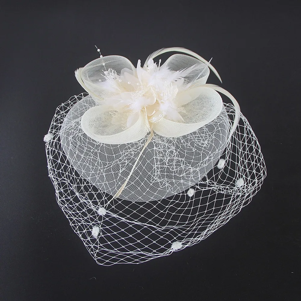 

Elegant Solid Color Bride Veil Headband French Style Bridal Headwear Flowers Feather Headdress Wedding Bride