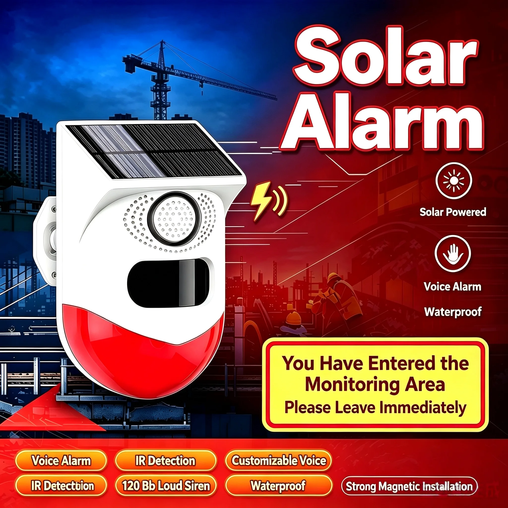 Solar Motion Sensor Alarm With Custom Voice Upload - 120db Loud Noise Maker & Strobe Lights, Remote Control, Call Recording