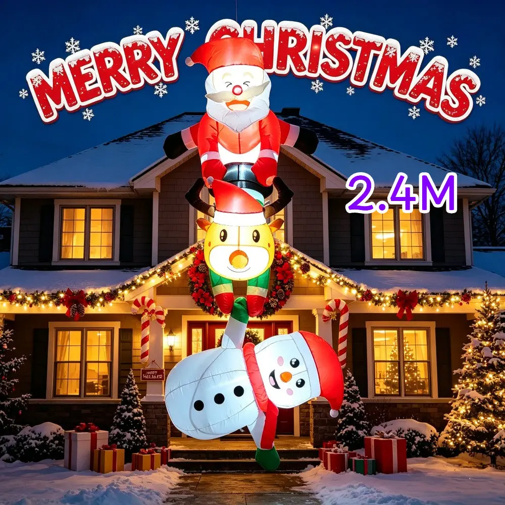 2.4M Christmas Inflatable Suspension Climbing Santa Claus Reindeer Snowman Built-in LED Lighting For House Eaves Roof Decoration