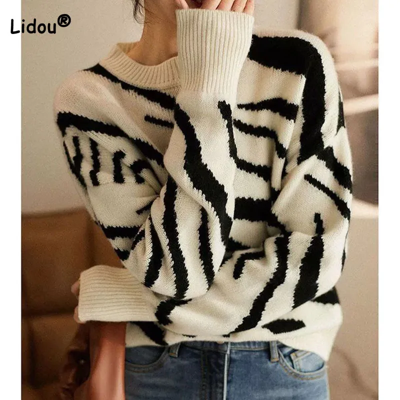 Fashion Loose Round Neck Zebra Pattern Sweaters Korean Casual Autumn Winter New Long Sleeve Knitted Jumpers Women's Clothing