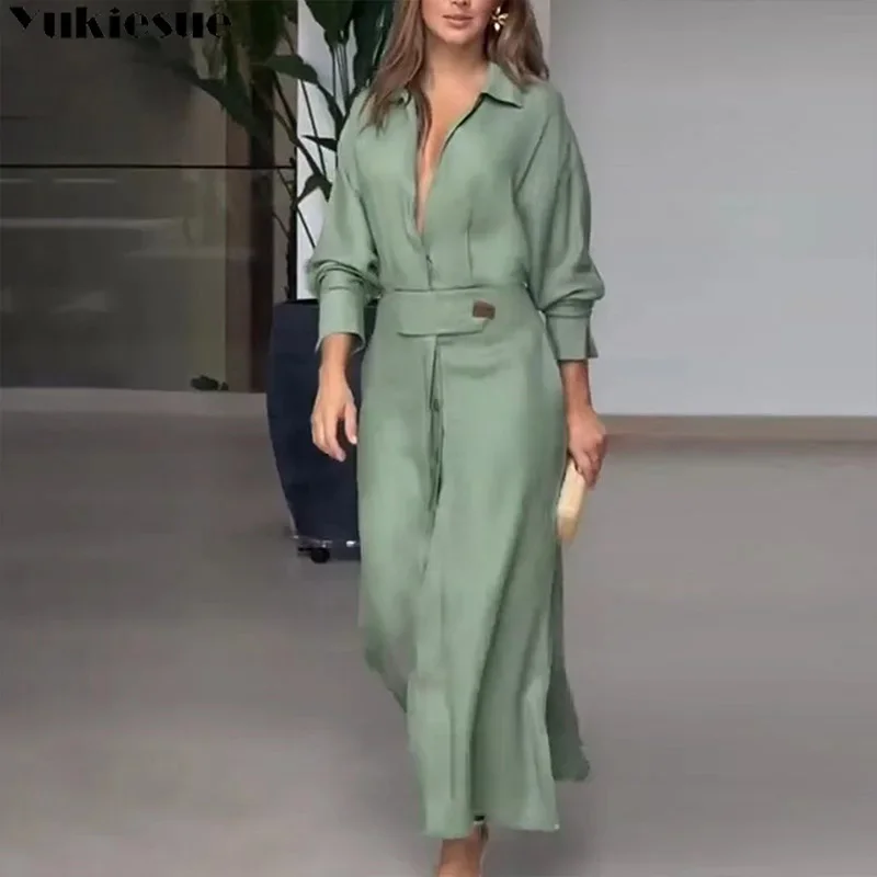 فستان نسائي 2023 ربيع خريف موضة جديدة فساتين سهرة أنيقة بلون واحد جيوب للحفلات فستان بأكمام طويلة وطية صدر السترة #4