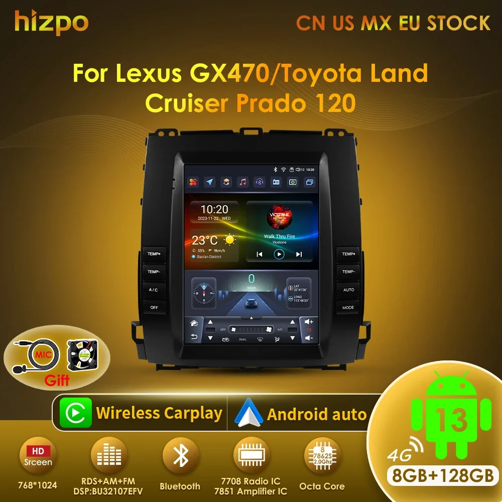 Hizpo 9.7'' Car Radio Multimedia Player For Toyota Land Cruiser Prado 120 Lexus GX470 2002-2009 Navigation GPS Carplay Head Unit