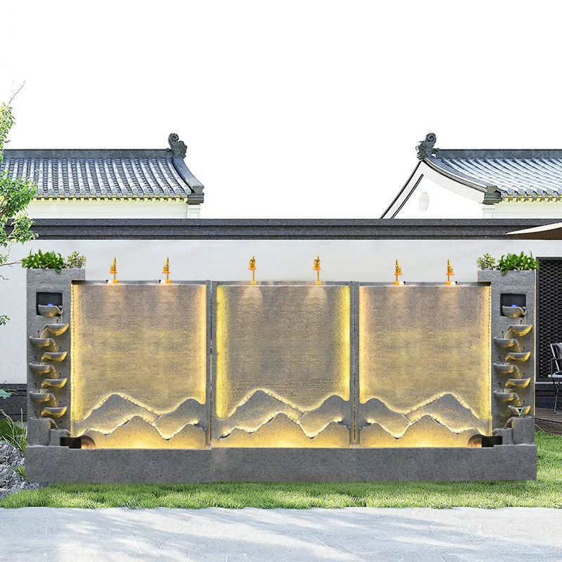 Rockery flowing water curtain wall ornament, courtyard circulation water feature, company fish pond screen landscaping view
