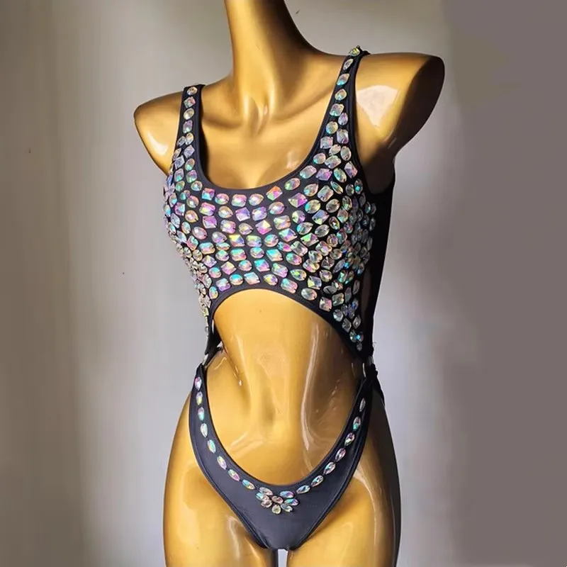 Body con diamantes de imitación para mujer, Bikini de una pieza, traje de baño Sexy para Club, DJ, equipo de baile, actuación en la playa, fiesta, club nocturno