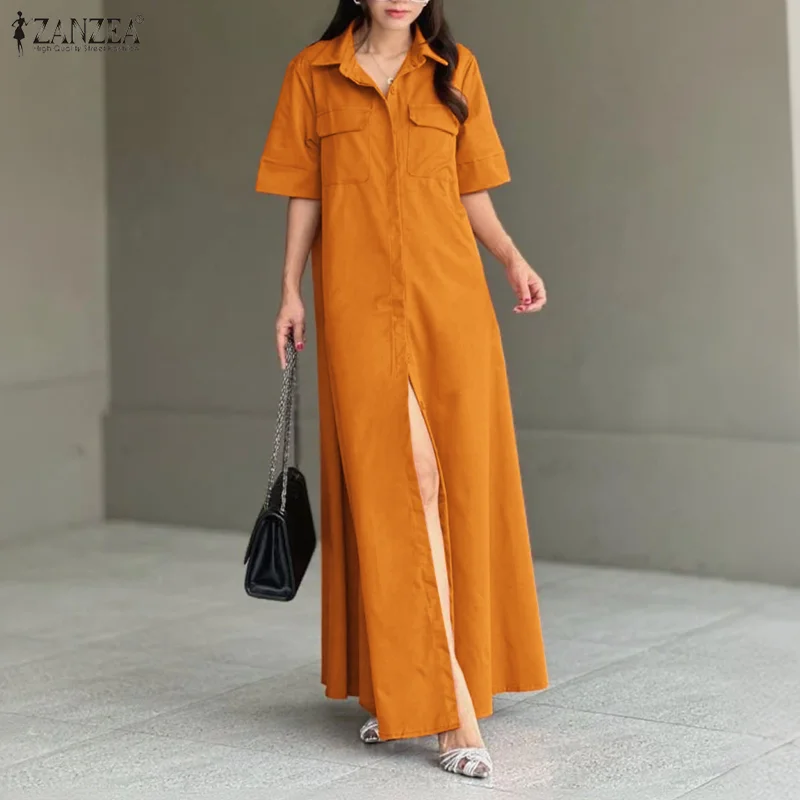 ZANZEA Damska Sukienka Maxi, Modna Długa Koszula-Sukienka Letnia z Półrękawami, z Paskiem, Streetwear 2025, Elegancka, Zapinana na Guziki, Luźna Szata