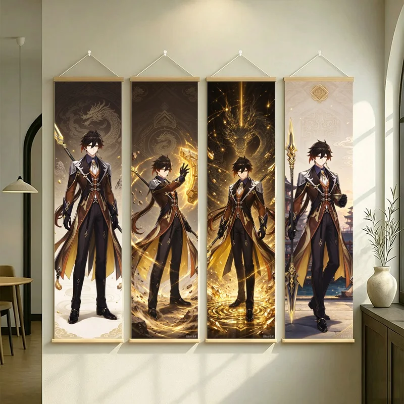 Hanging Scroll Wall Art of Genshin Impact Zhongli with Golden Glow and Dark Attire on Silver Shimmer Canvas for an Anime Bedroom
