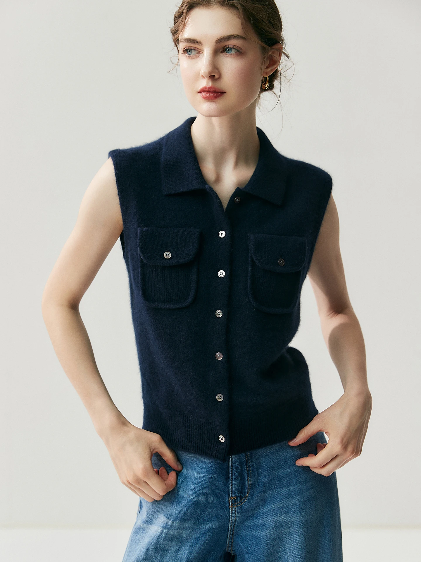 

Ele Workwear Sle Ne Camere Knitted Vest Women Double ket Layering Svel Tank Top Faionable oulder Pad