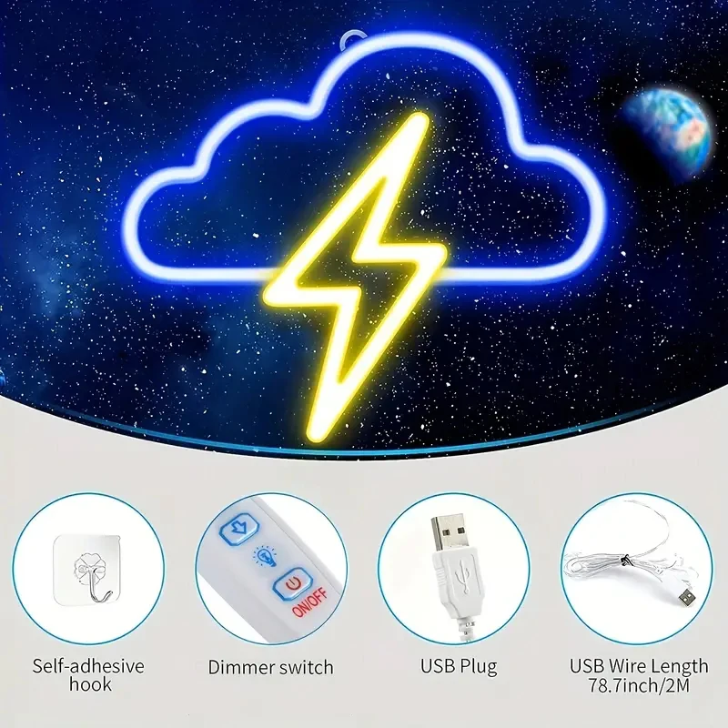 LED cloud and lightning neon lights, USB and battery powered neon lights, bedroom wedding birthday party decoration night light,