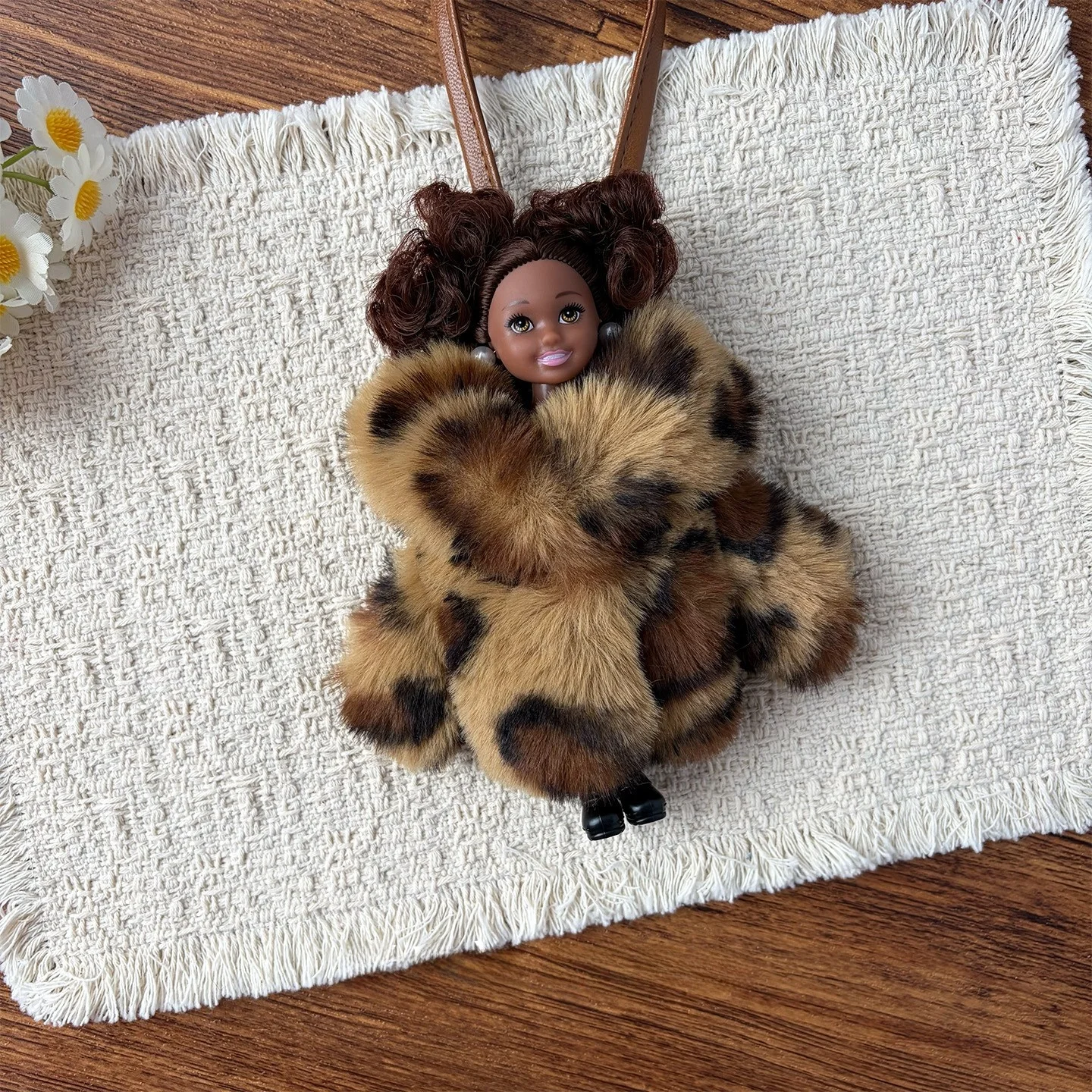 Luxury Leopard Print Plush Doll Bag Charm Backpack Accessory Key Holder Car Hanging Decoration Trendy Fashionable Bag Accessory