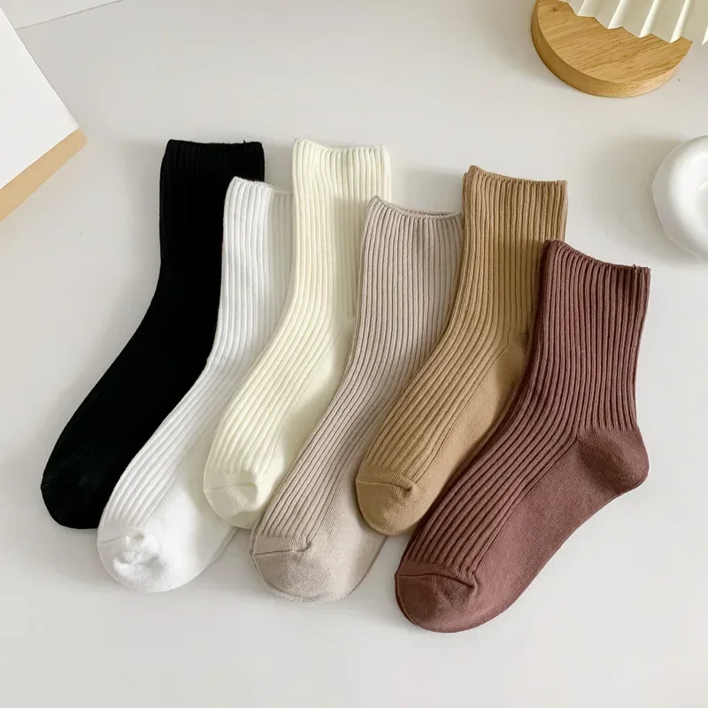 3Pairs/Lot Winter Women Socks Cotton Warm Retro Crew Tube Coffee Loose Korean Long Cute Fashion Hajuruku Black White Thermal Set