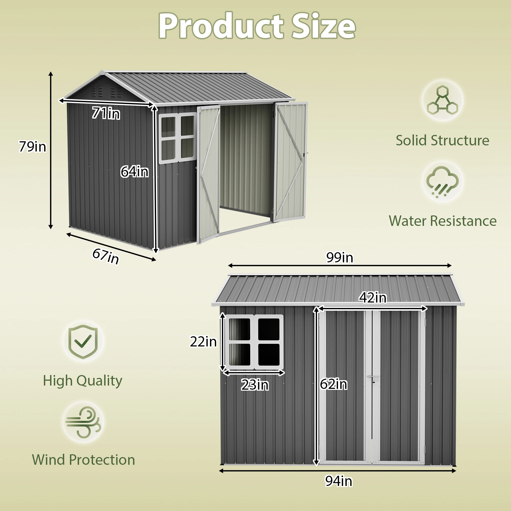 94'×67'×79' Waterproof Metal Outdoor Storage House with Window, Galvanized Steel Gable Roof Shed with Lockable Double Door & Air Vents, Suitable for Backyard, Garden & Patio