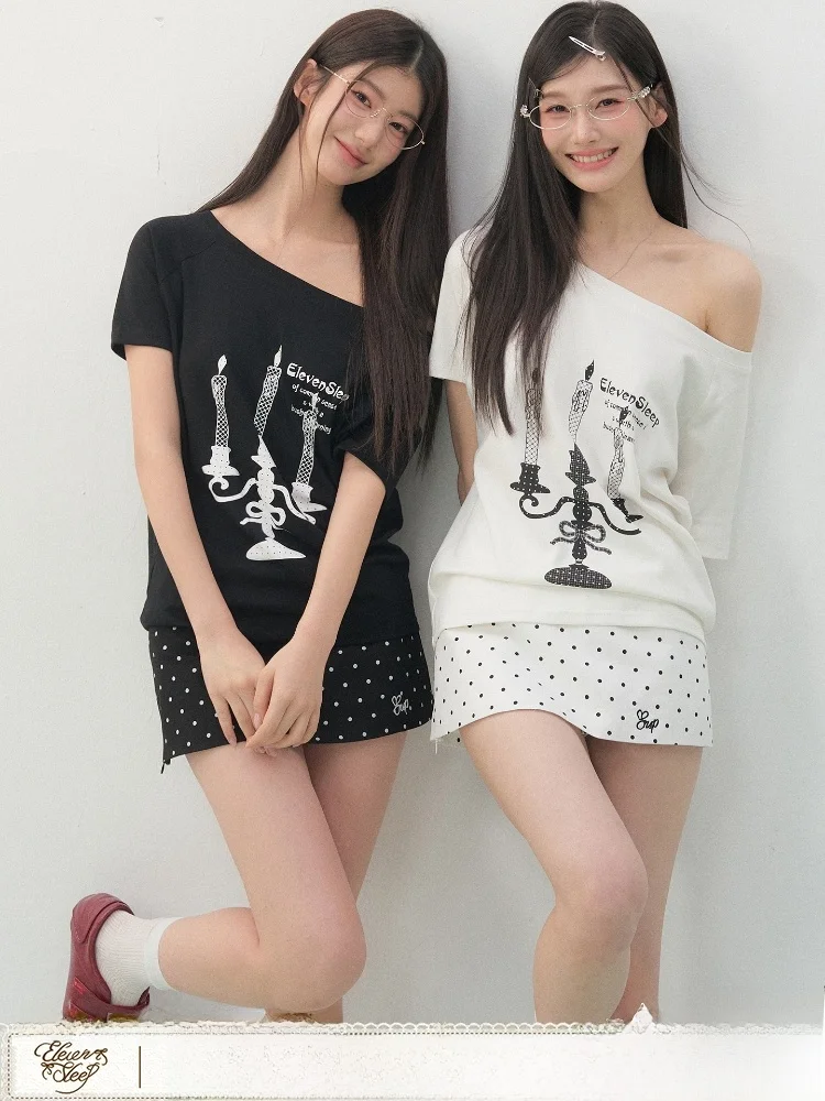 

ELEVEN SP Новая летняя женская футболка с коротким рукавом и асимметричным вырезом на плече, в корейском стиле, креативный дизайн, из смесового хлопка, вязаная