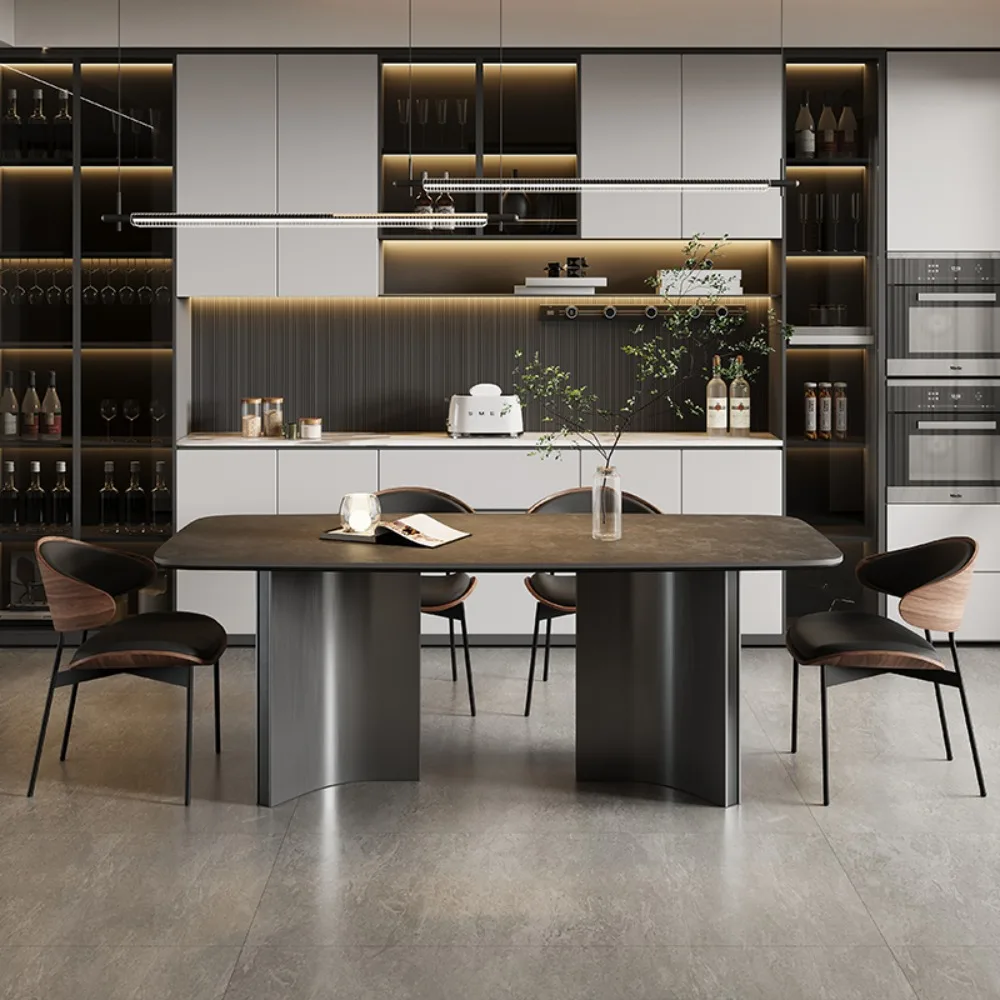 Italian minimalist rock slab dining table 2025 new rectangular dining table and chairs modern light luxury living room black
