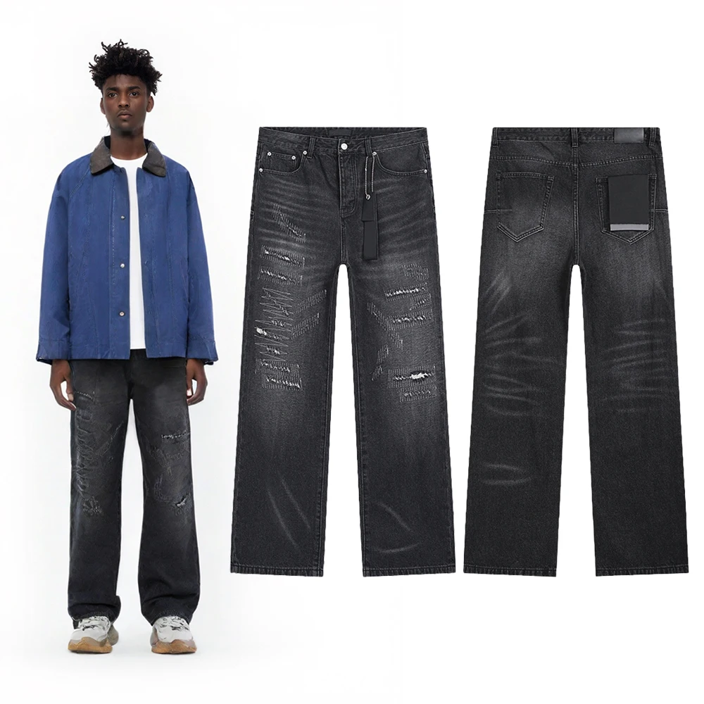 

Рваные джинсы с вышивкой, прямые брюки, уличный стиль, ретро, хип-хоп, повседневные длинные брюки, уличная одежда, свободные джинсы для мужчин