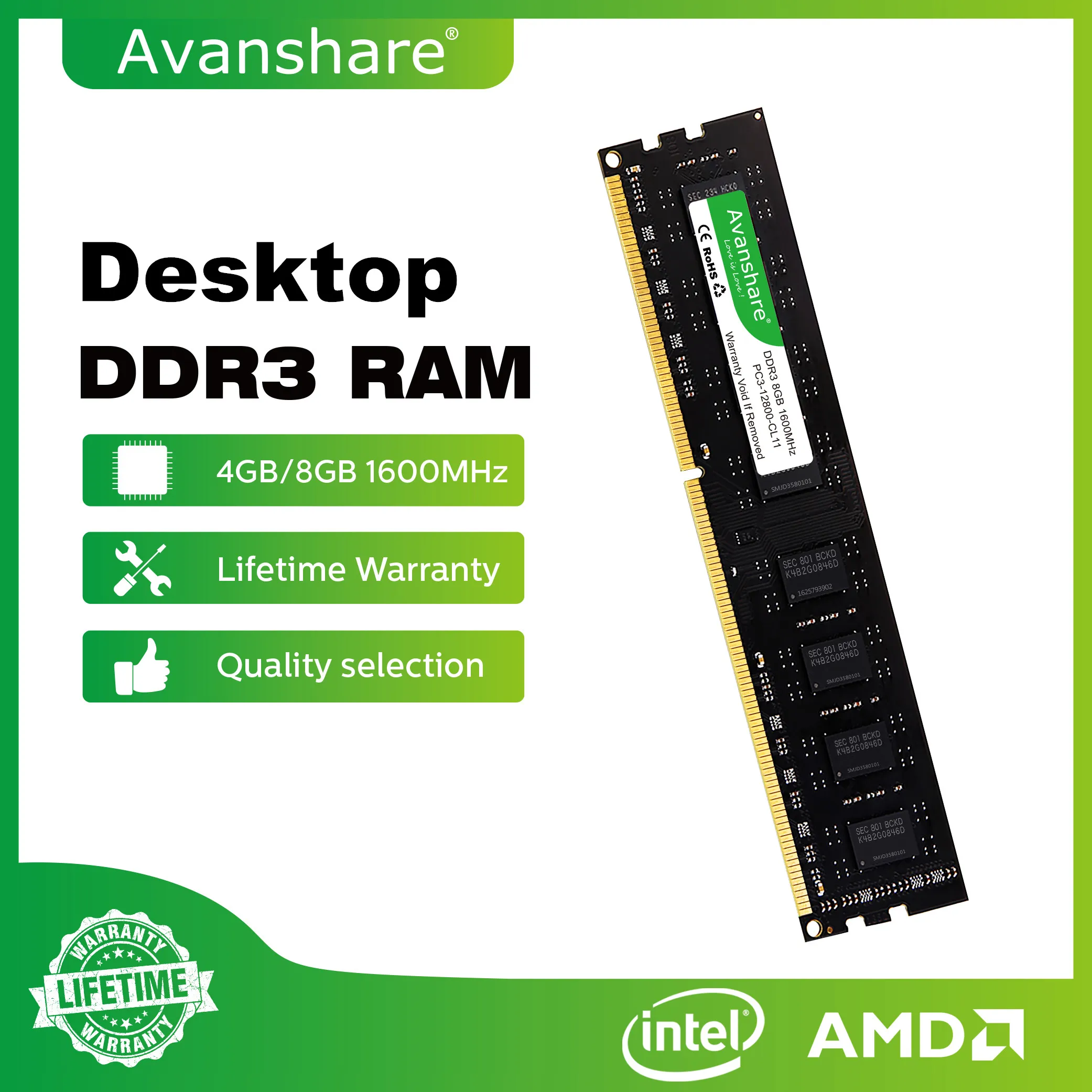 Avanshare Ram DDR5 DDR4 DDR3 32GB 16GB 8GB 4GB 1600 2400 2666 3200 5600MHz Desktop Memoria Memory Support Intel AMD Motherboards