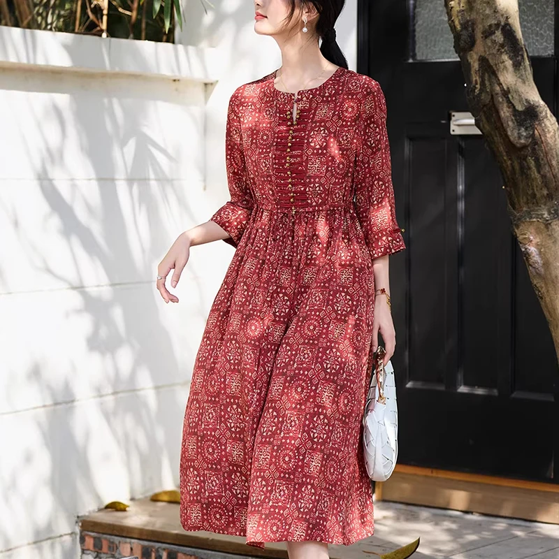 Chinese Style Elegant Long Dresses for Women Summer O-neck Three Quarter Sleeve 100% Real Silk Woman Vintage Print Dress