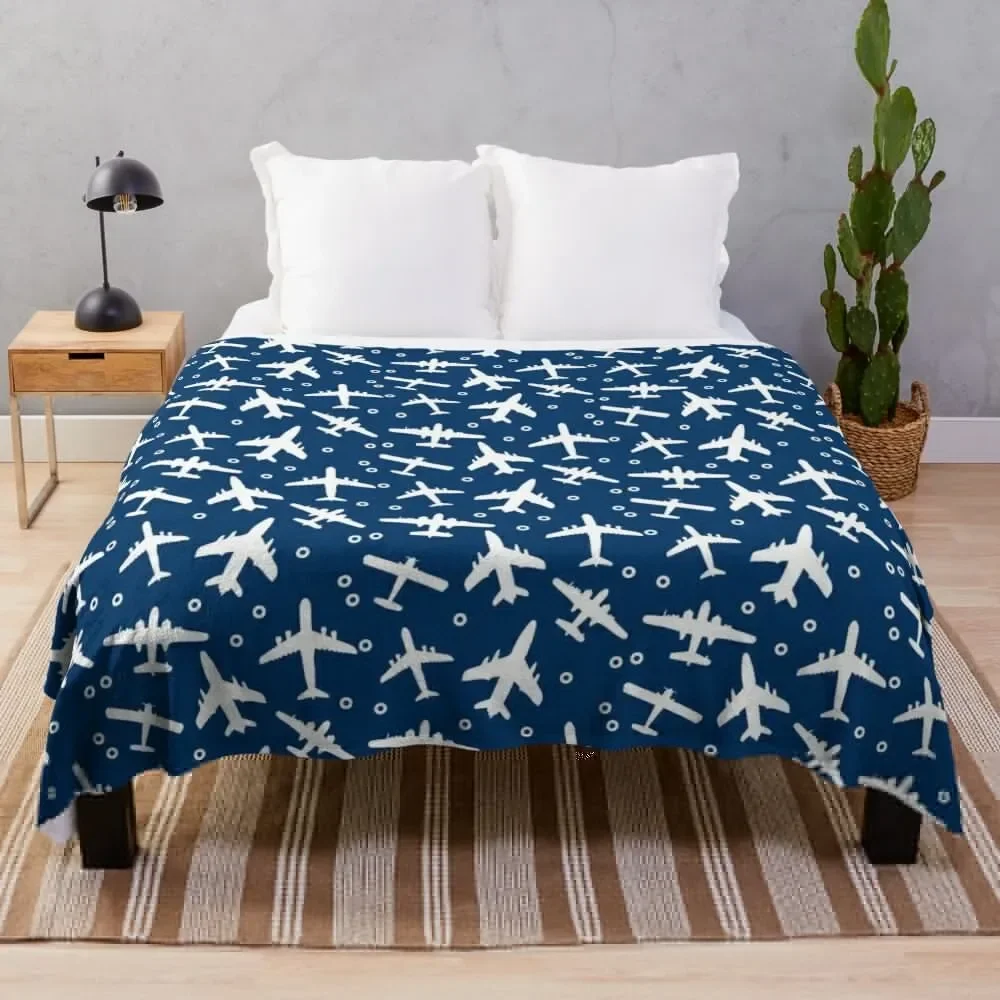 

Blue and White Aeroplanes Silhouette Pattern Throw Blanket Decorative Sofa Hair Picnic heavy to sleep Blankets