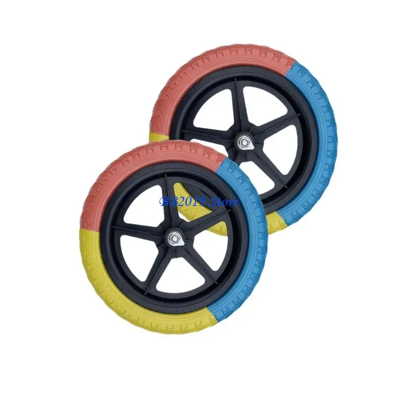 Q0KB Zestaw 2 stabilnych 12-calowych kół piankowych o solidnej konstrukcji i jasnym trójkolorowym wzorze do rowerków biegowych