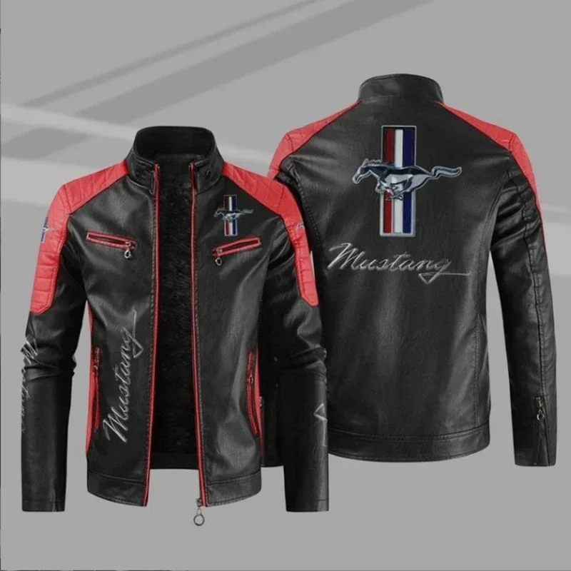 Leather Jacket Mustang Logo Men Winter Fleece Motorcycle PU Leahter Jacket Male Stand Collar Casual Windbreaker Ropa De Hombre S