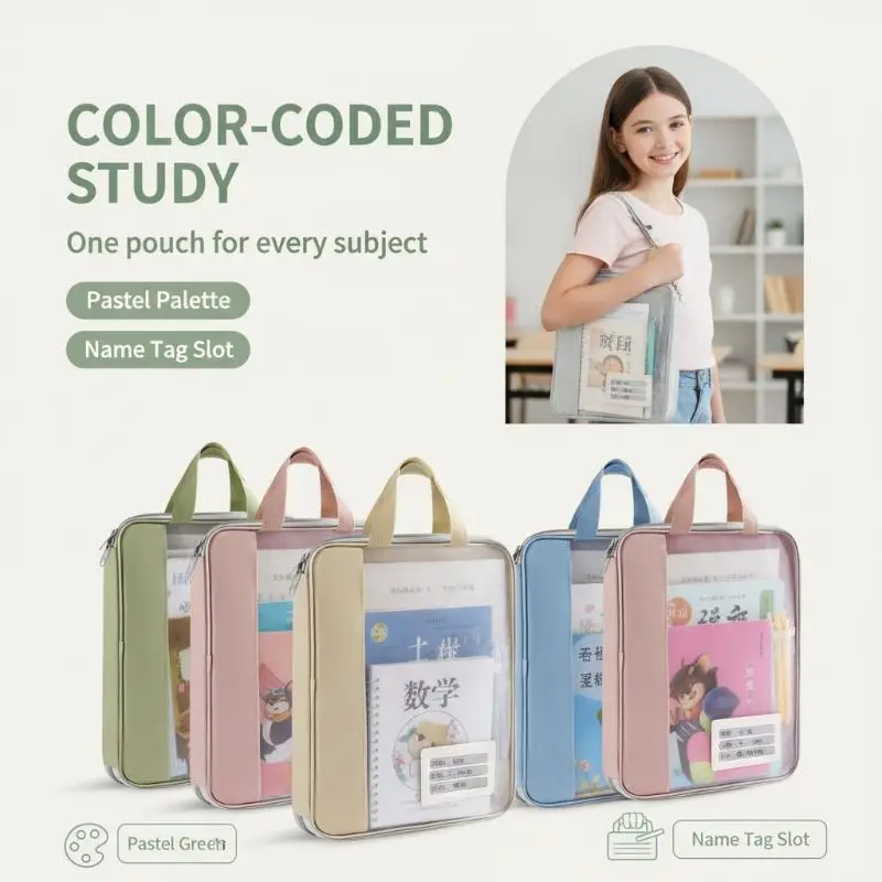 Portable L Shape Mesh Tutoring Bag Multifunctional Exam Paper Subject File Handbag School Office Document Storage Organizer