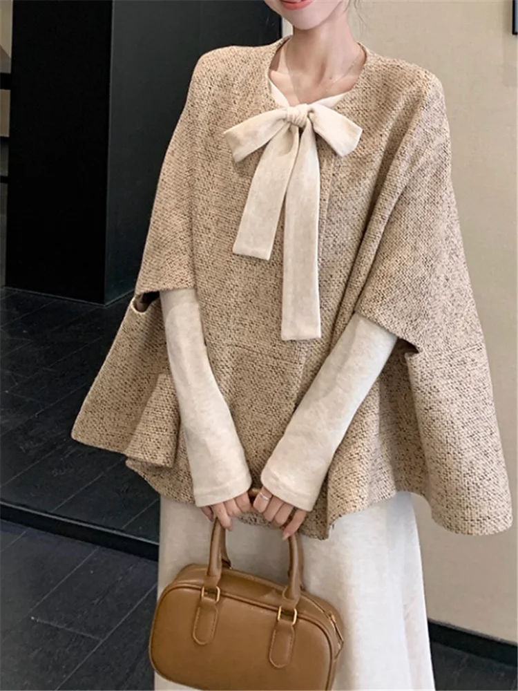 

Корейский шикарный женский новый осенне-зимний костюм из 2 предметов, вязаное платье с длинным рукавом и бантом, накидка с круглым вырезом, плащ, одинаковые элегантные комплекты из 2 предметов