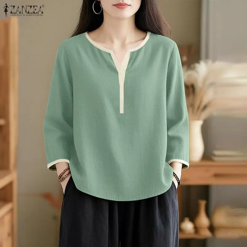 

Women Patchwork Blouse 2026 ZANZEA Summer Shirt Woman V Neck 3/4 Sleeve Tops Stylish Work Blouses Casual Loose Chemise Mujer