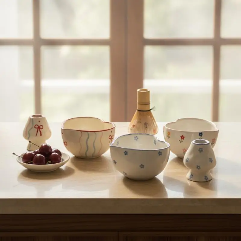 2Pcs Cute Exquisite Heart Decal Ceramic Matcha Set Handmade Ceramics Matcha Whisk Holder Matcha Bowl