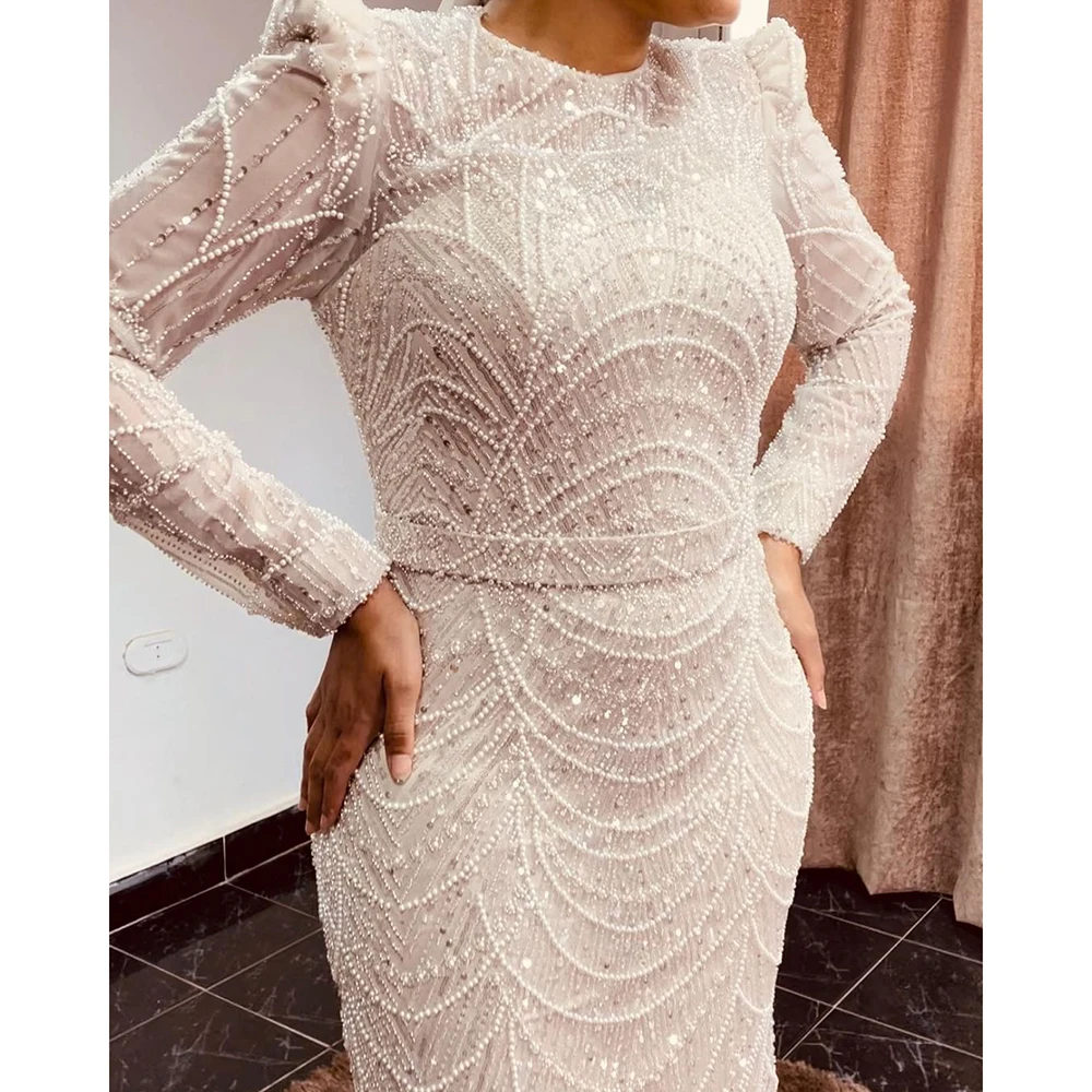 Elegant Muslim Mermaid Evening Dress for Women 2023 Luxury Arabic Pearls O Neck Long Sleeves Formal Prom Wedding Party Gown