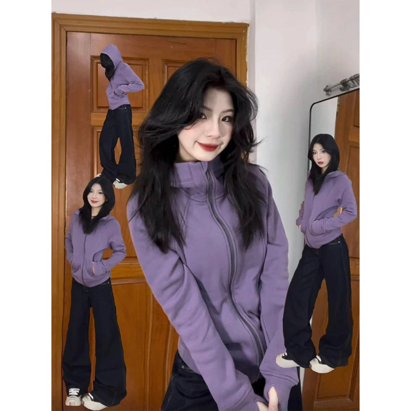 Purple Small Size Fleece Lined Hooded Jacket Women's Autumn Winter Thickened Slim Fit Waist Cinched High End Short Length Swe...