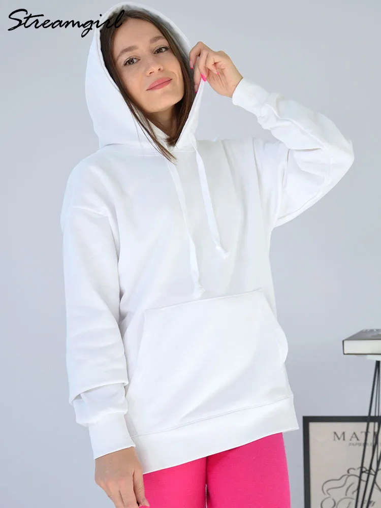 Solid Oversize Hoodies For Women Pocket Casual Loose Hooded Sweatshirt Woman Autumn Cotton Terry Hoodies Women Oversize Pullover