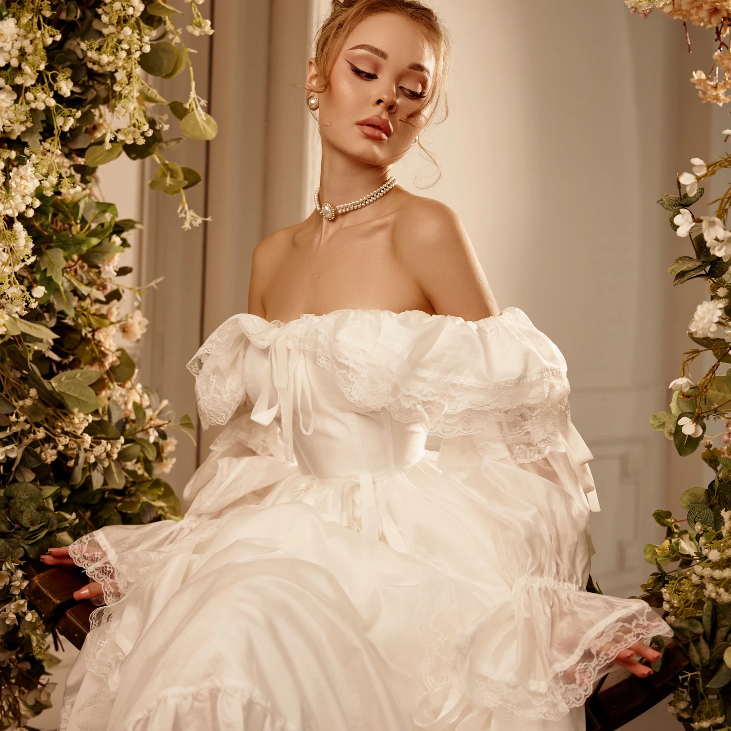 

Mouzhetee A-Line Simple Off The Shoulder Bow Lace Wedding Dresses Pleat Elegant Brides Gown Custom Made 2026
