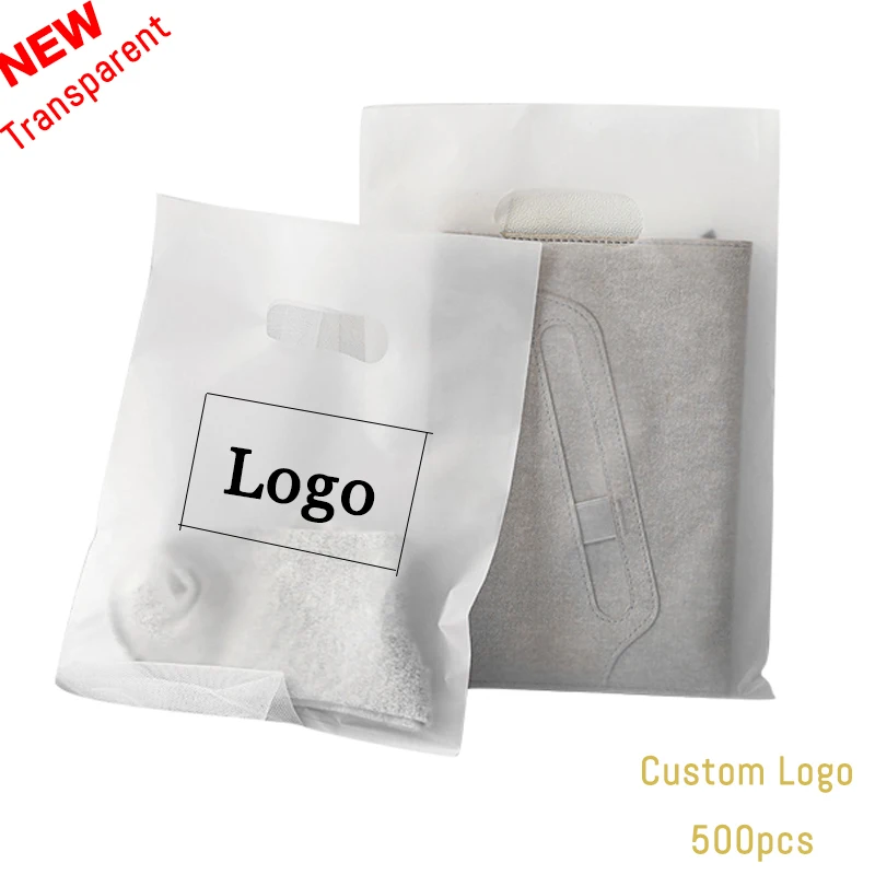 500Pcs/lot Custom Logo Translucent Shopping Bags Thick Plastic Gift Bags Business Clothes Tote Bag Wholesales Print Logo