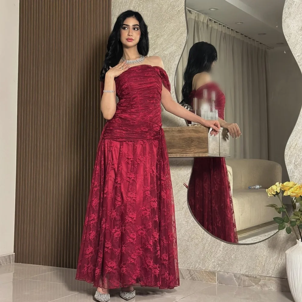 

Customized Grace Pleat Lace Off-the-shoulder Evening Dress A-line Long Red Dresses Bespoke Occasion Elegant Party Wedding