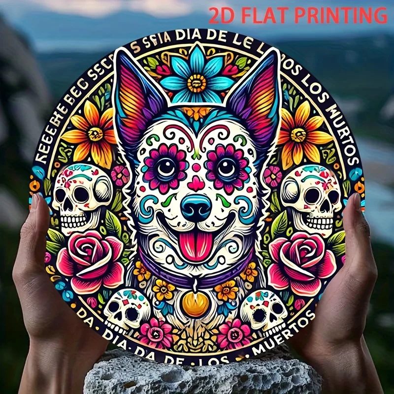 قطعة واحدة مسطحة ثنائية الأبعاد من علامة خشبية دائرية فنية للاحتفال بعيد الكلب الميت - مثالية لتزيين يوم الموتى