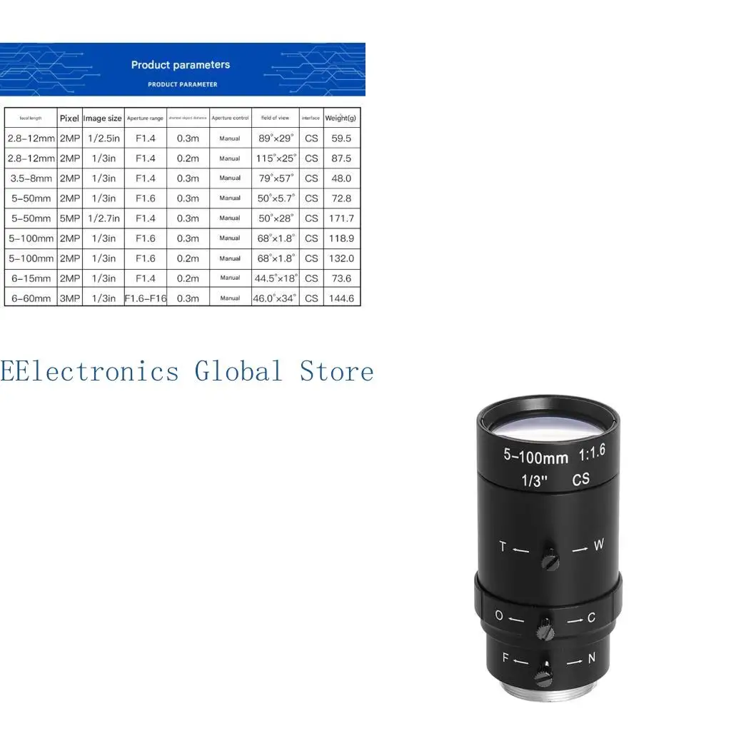 

462B 2.8-12/3.5-5/6-15/5-50/6-60/5-100mm Lens For Industrial Camera Accessories