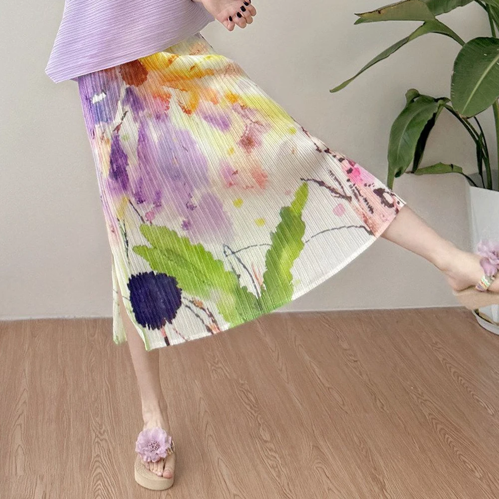 2026 summer new purple irregular short-sleeved t-pleated printed vacation style suit  harajuku skirts for women