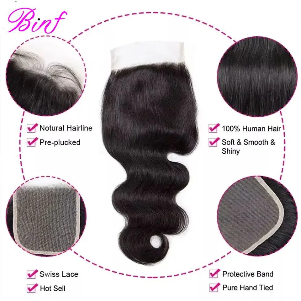 BINF Hair 4x4 Body Wave Lace Closure, nur vorgezupft, transparente Schweizer Spitze, Echthaar für schwarze Frauen, vollständig weich. – Detail 11